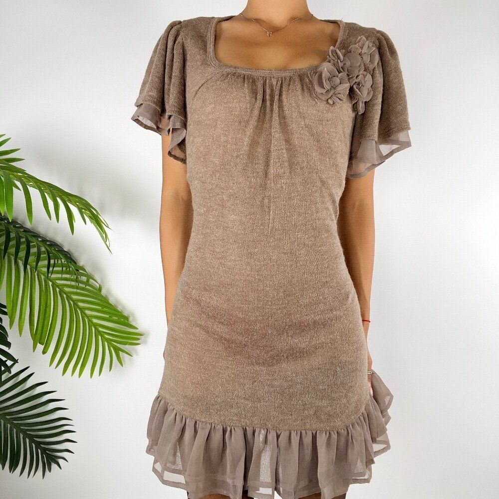 Vintage Tan Knit Cottagecore Short Sleeve Boho Ruffle Mini Sweater Dress / L